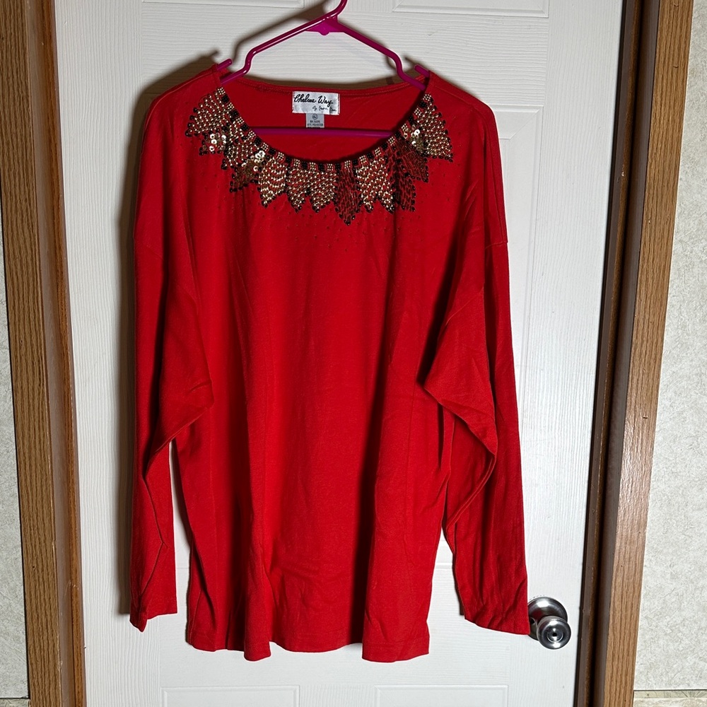 Elegant Red Blouse with Sequin Embellishments